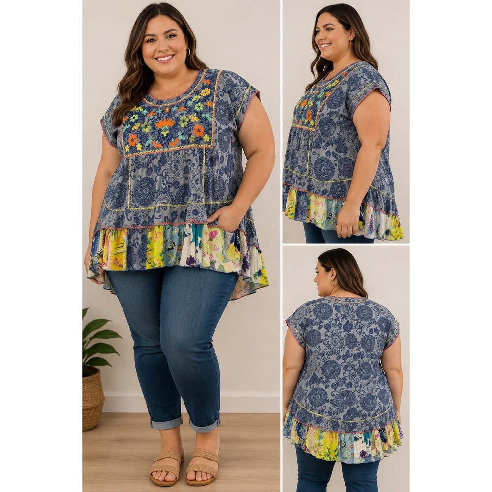 John Mark Size 1X Embroidered Floral Top Boho Patchwork Ruffle High Low Tunic